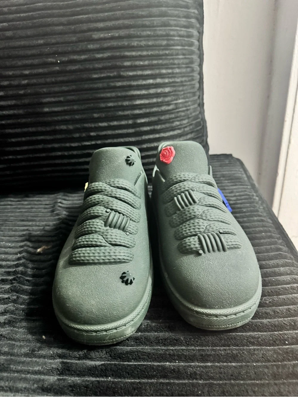 Burberry Olive Green Athletic Sneakers with Red and Yellow Rose Accents